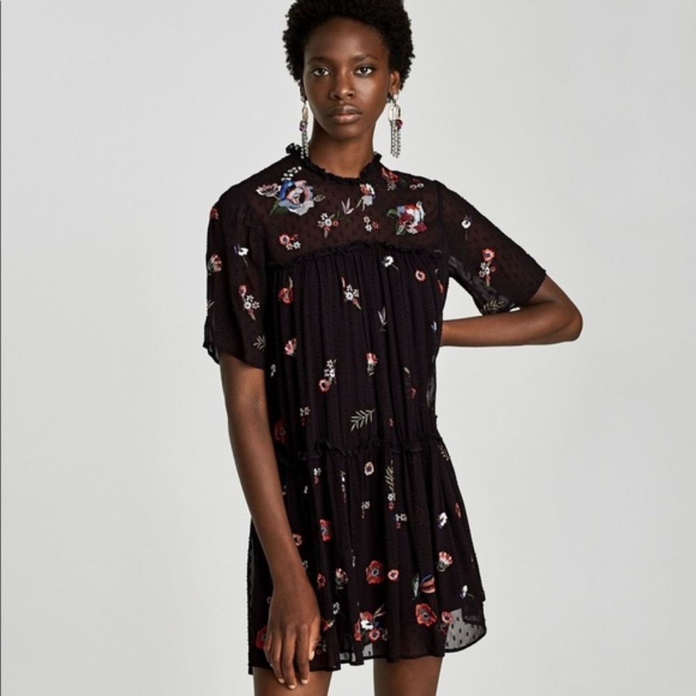 Zara Embroidered Dotted Mesh Dress, Small, Black